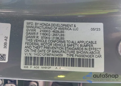 2023 Honda Accord Hybrid Touring из США, поврежденный, VIN 1HGCY2F86PA034559